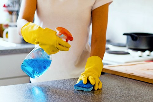 Safe carpet cleaning setup with warning signs and clear walkways